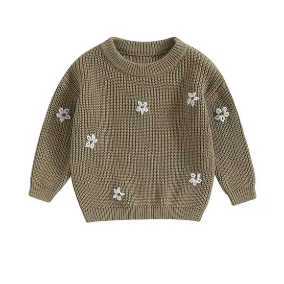 Other - Olive Green Sweater with White Floral Accents